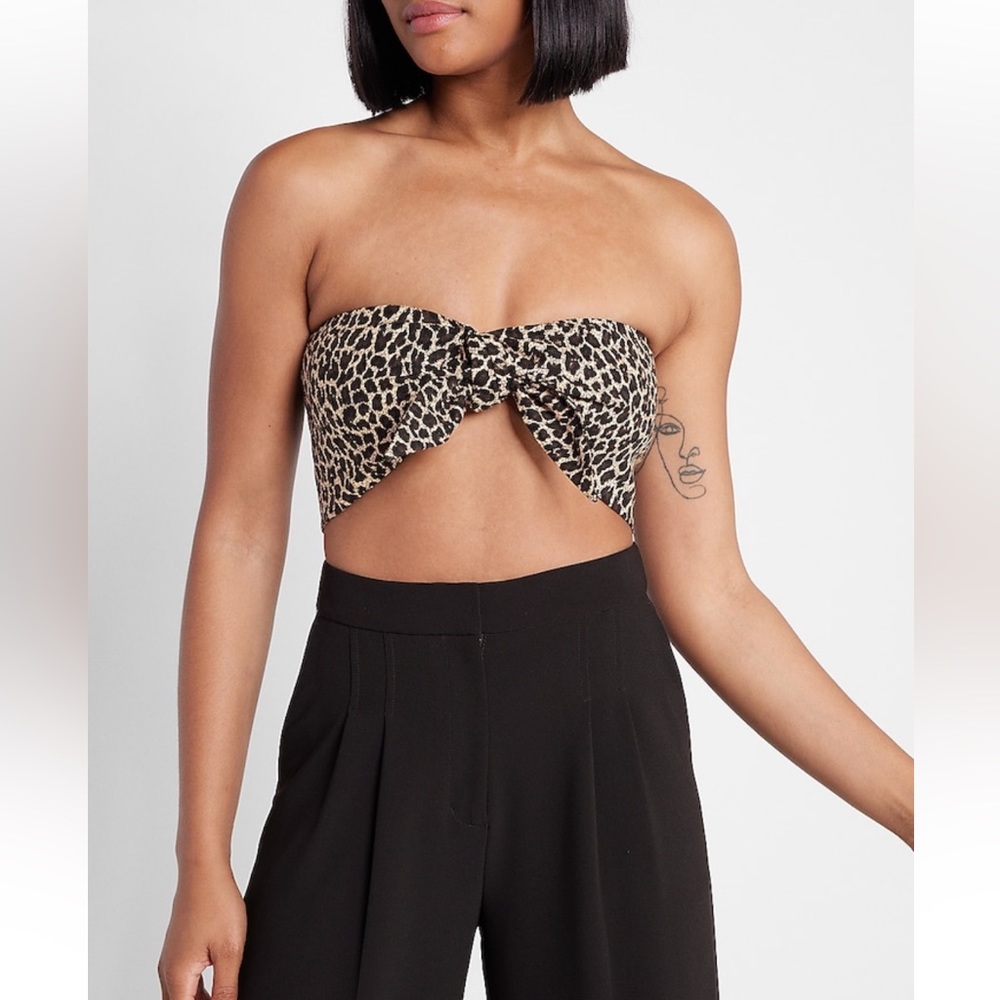 Leopard Print Tie Front Bandeau Top - Size Medium